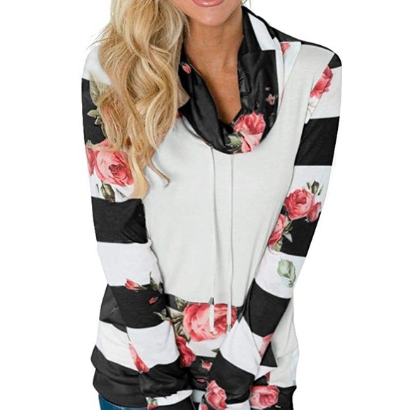 woman floral cowl neck sweatshirts w pocket - Picture 2 of 7